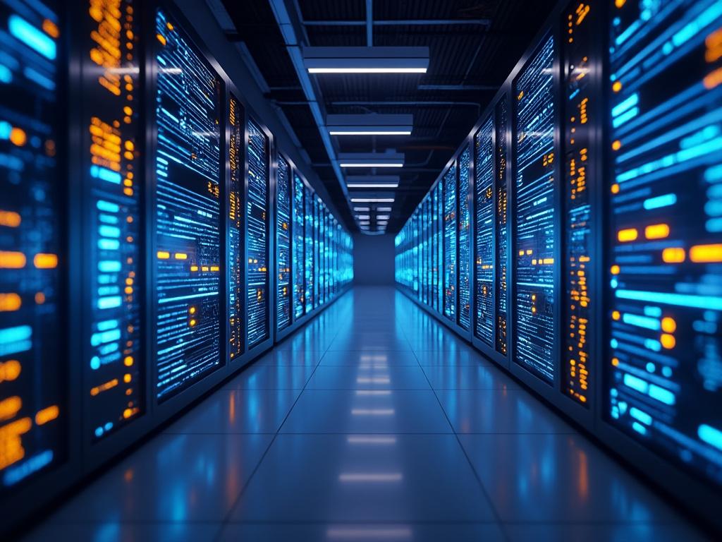 Modern data center with illuminated server racks and glowing LED lights.