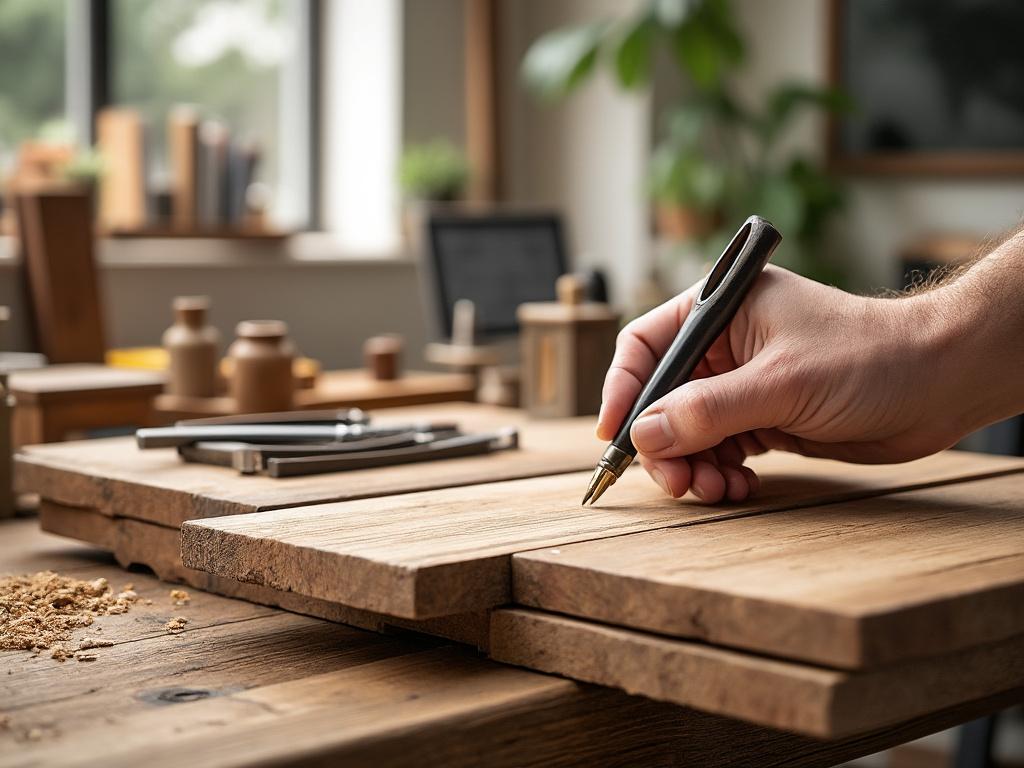 Hand crafting on wooden surface with tools in a workshop setting.