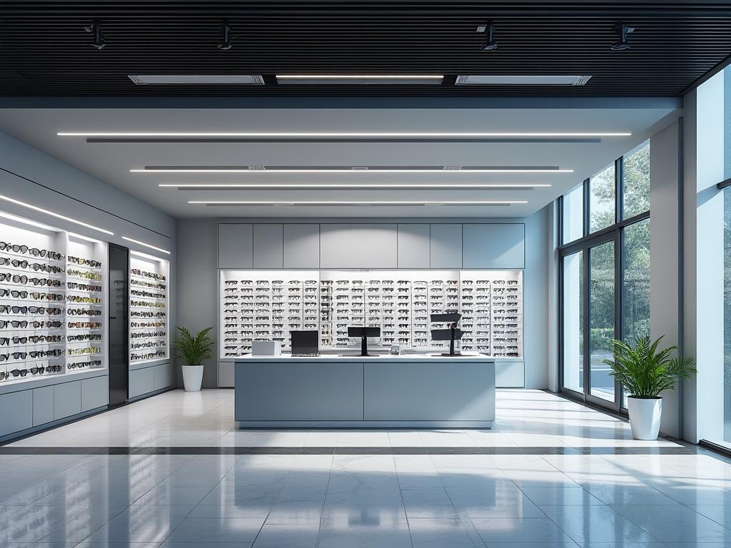 Modern sunglasses store interior with display shelves, large windows, and potted plants.