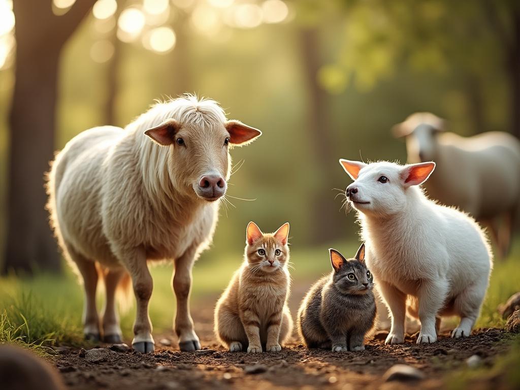 A sheep, a dog, and two cats on a forest path during golden hour.