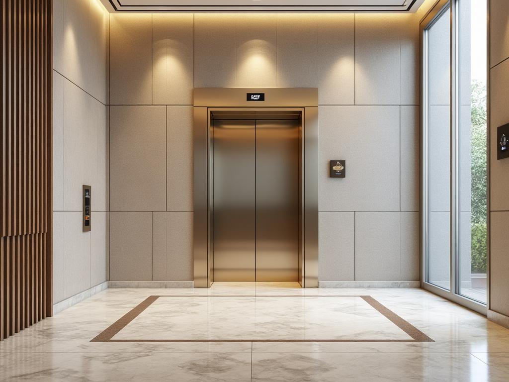 Modern interior with a closed stainless steel elevator door in a well-lit lobby, featuring marble floors and wooden wall accents.