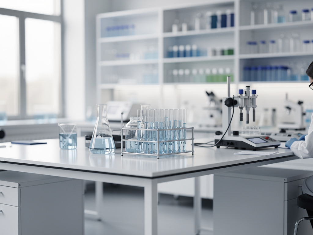 Modern laboratory bench with test tubes, beakers, flasks, and scientific equipment for chemical research