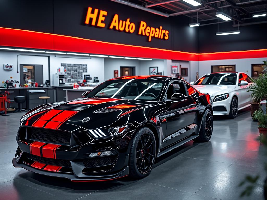 Black and red sports car in HE Auto Repairs shop with another white car in background, under bright lighting.