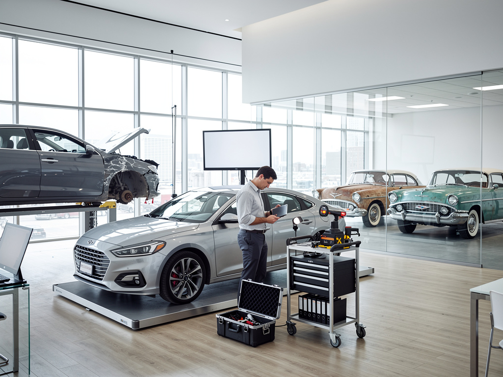 Autowerkstatt mit Mechaniker bei Fahrzeugdiagnose an silbernem Hyundai, Hebebühne und Oldtimern im modernen Showroom Autowerkstatt mit Mechaniker bei Fahrzeugdiagnose an silbernem Hyundai, Hebebühne und Oldtimern im modernen Showroom