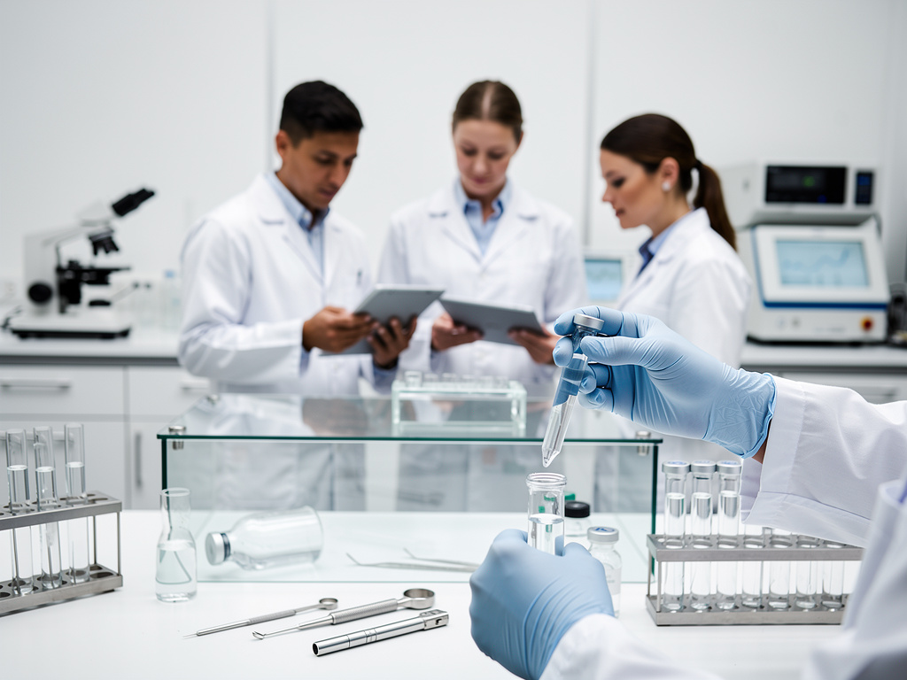 Scientists in a modern laboratory using a pipette with test tubes and medical research equipment