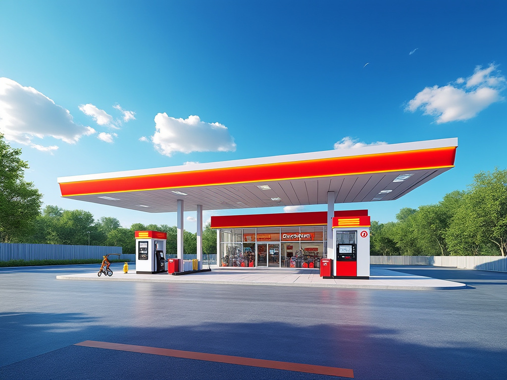 Modern gas station with a convenience store, red and yellow branding, two fuel pumps, and a clear blue sky with scattered clouds.