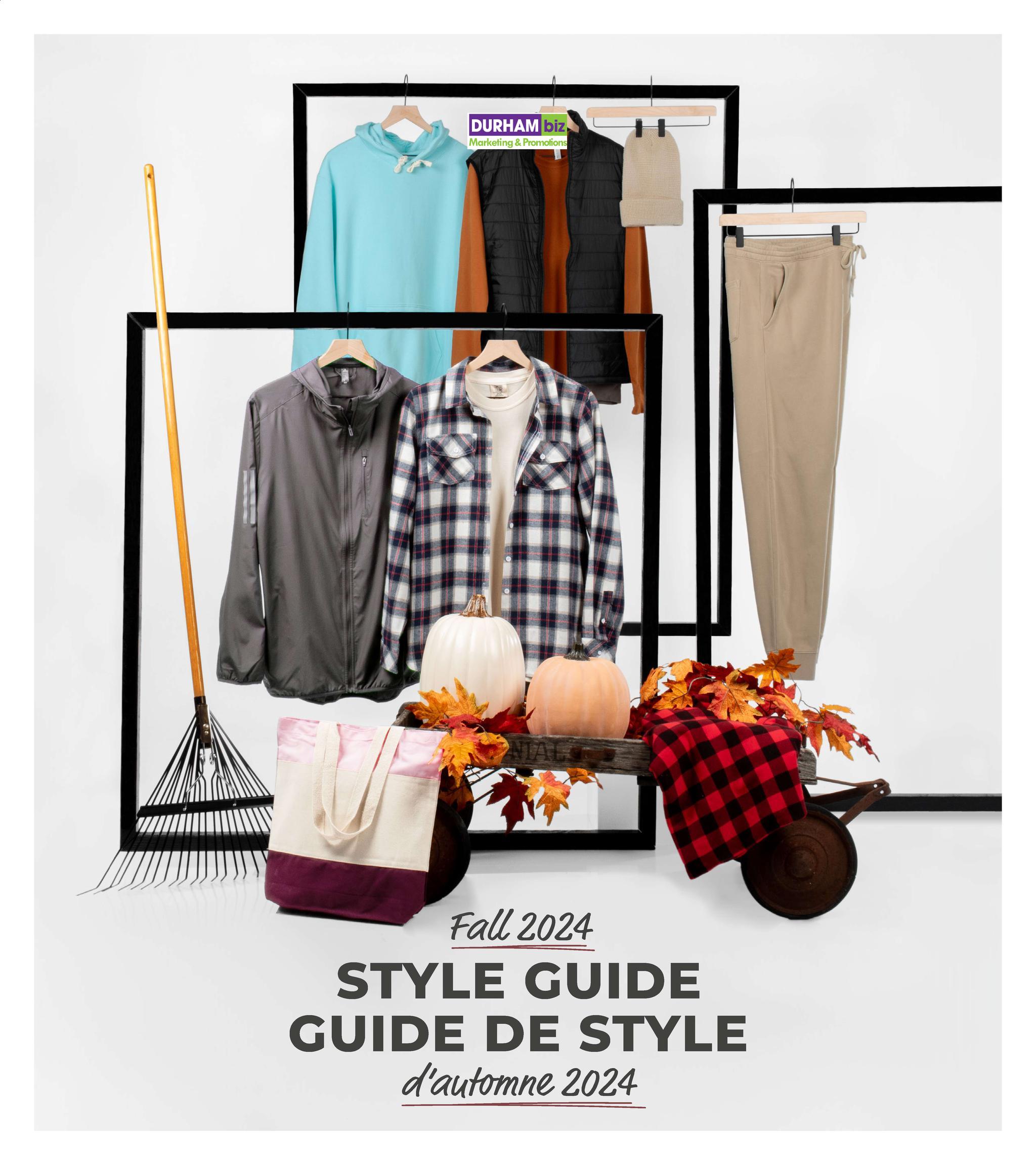 Fall 2024 style guide featuring autumn clothing and accessories, including a plaid shirt, jacket, hoodie, vest, beige pants, hat, tote bag, pumpkins, and fall leaves, styled on a white background.