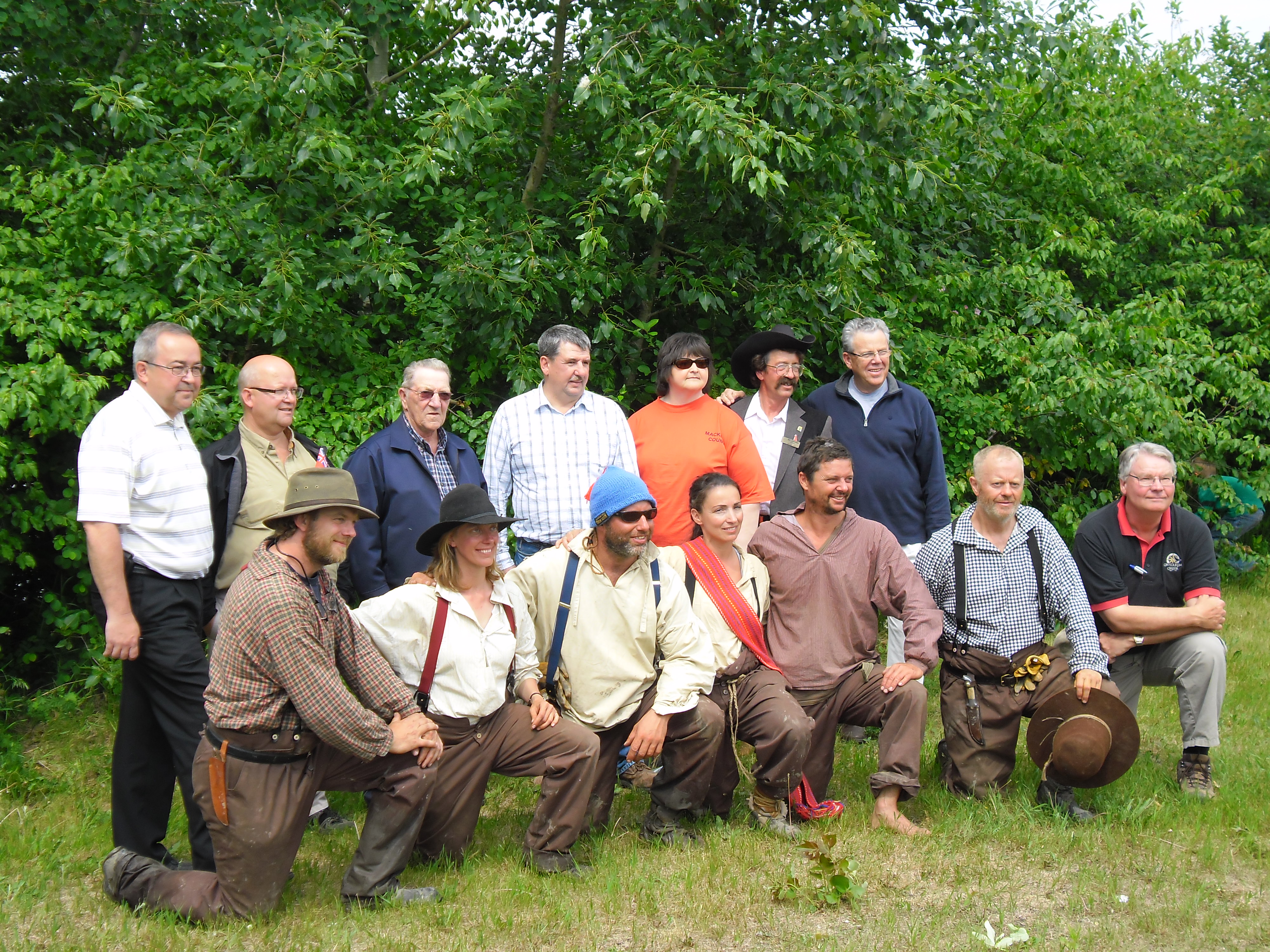 Back row: Dignitaires of the Fort Vermilion Area 
Front Row: Crew that manned the York Boat from Dunvegan to Fort Vermilion.
Photo Credit: Marilee Cranna Toews
