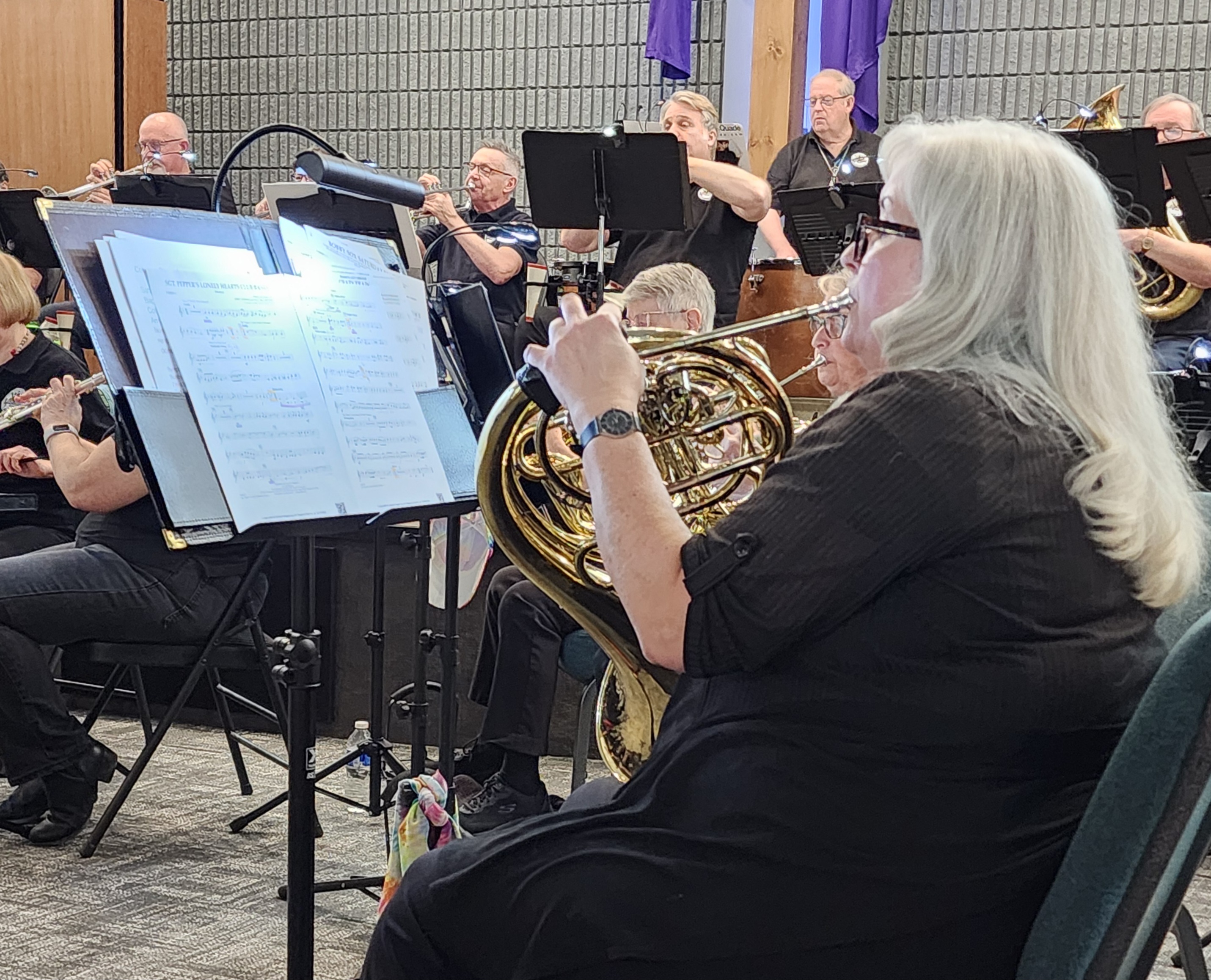  Members of the french horn section of the Lakeshore New Horizons Band at the FBC Baptist church Cobourg Ontario April 2025.