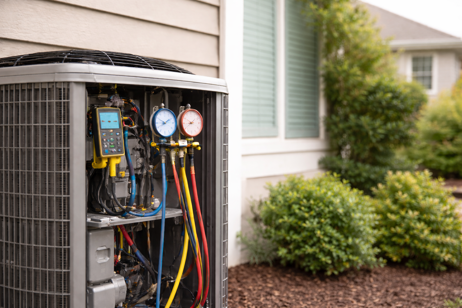 Smiling woman in blue overalls holding a tablet, standing in an office hallway with colleagues in the background.