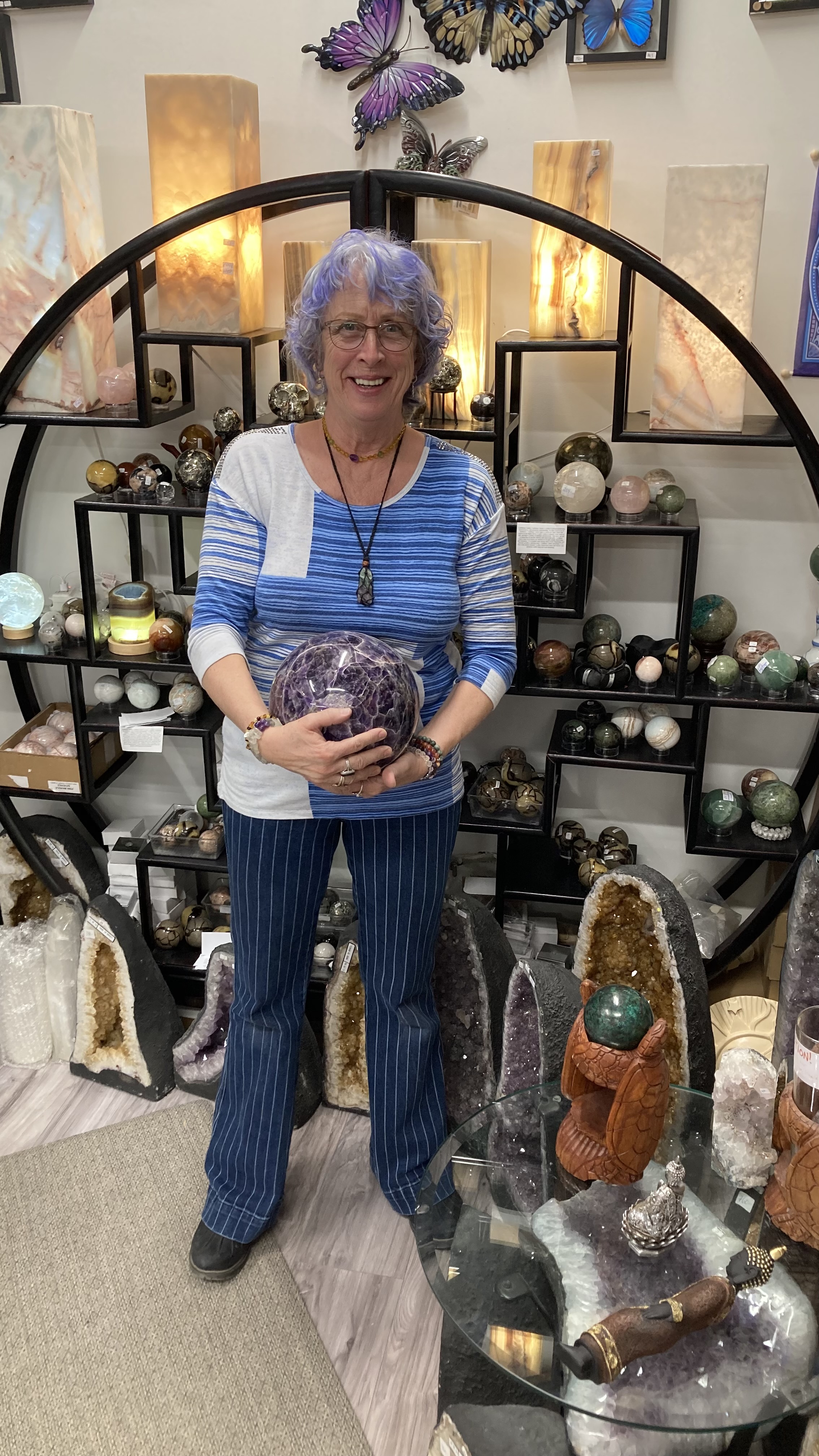 Donna with the biggest Amethyst Sphere we have in stock. 