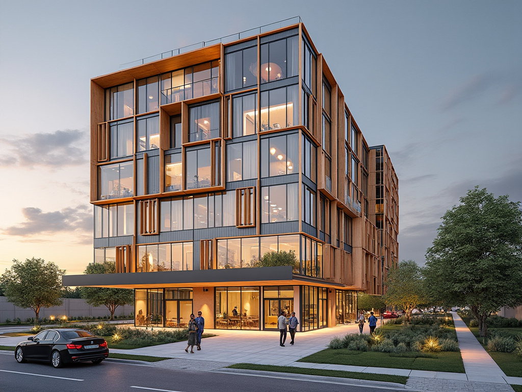 Modern glass and wood apartment building at dusk with illuminated interiors, landscaped entrance, pedestrians, and parked car