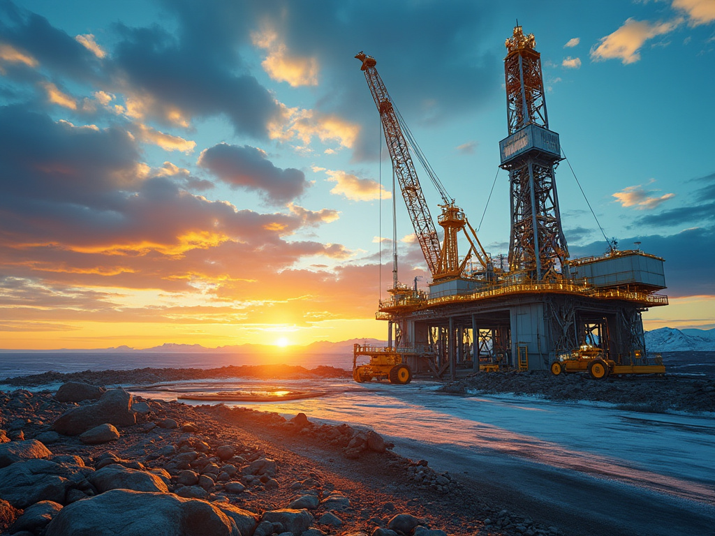 Offshore oil rig at sunset with dramatic sky and rocky foreground.