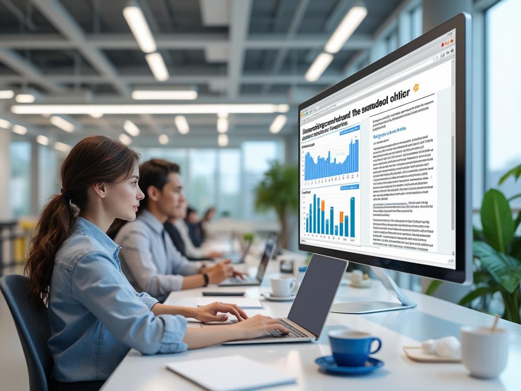 Mujer trabajando en oficina moderna con gráficos en pantalla grande