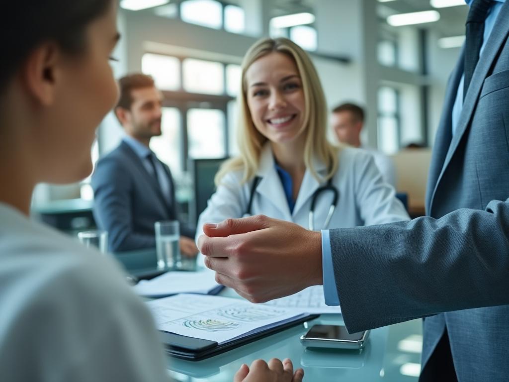Medical professionals in a meeting, discussing documents at a conference table, with a doctor smiling in the foreground. Medical professionals in a meeting, discussing documents at a conference table, with a doctor smiling in the foreground.