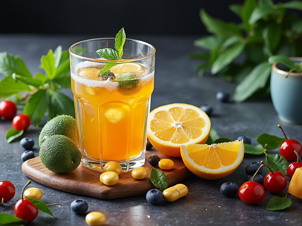 A refreshing glass of orange citrus cocktail with lemon slices, surrounded by fresh fruit and supplements on a wooden board.