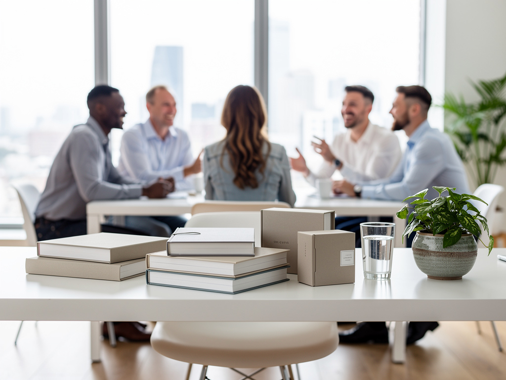 Business team meeting in modern office with books, product boxes, glass of water, and potted plant on table