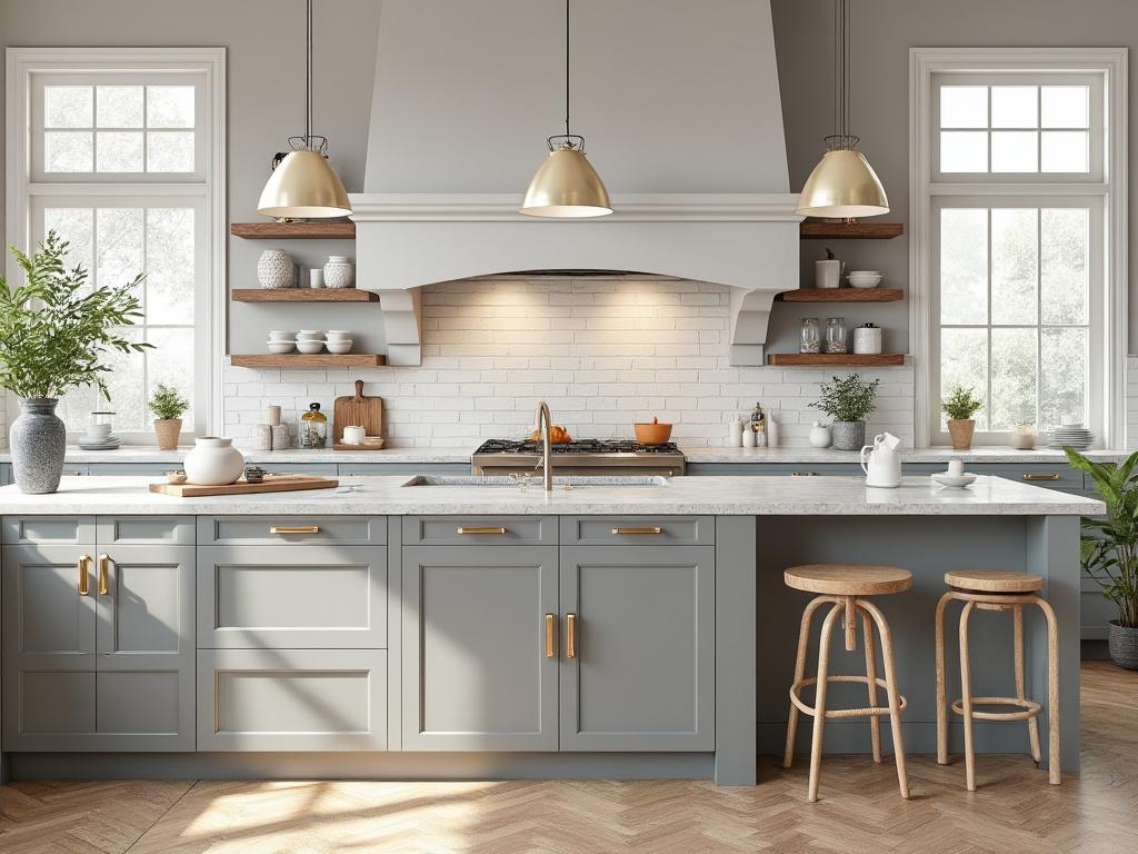 Modern farmhouse kitchen with grey cabinets, white countertops, open shelves, and warm lighting.