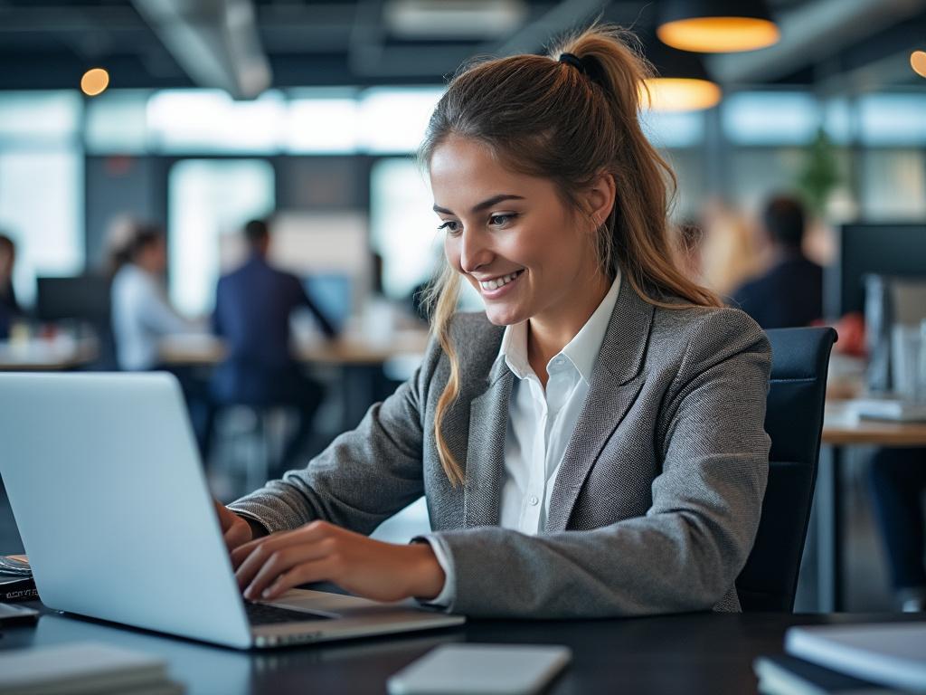 Smiling woman in a gray blazer working on a laptop in a modern office setting.