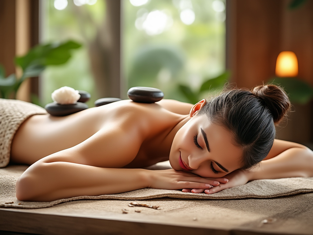 Woman enjoying a relaxing hot stone massage in a serene spa setting with natural lighting and greenery.