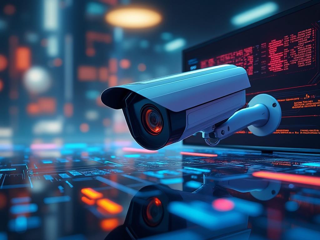 Futuristic security camera with digital interface displaying data, set in a high-tech environment with blue and orange neon lights.