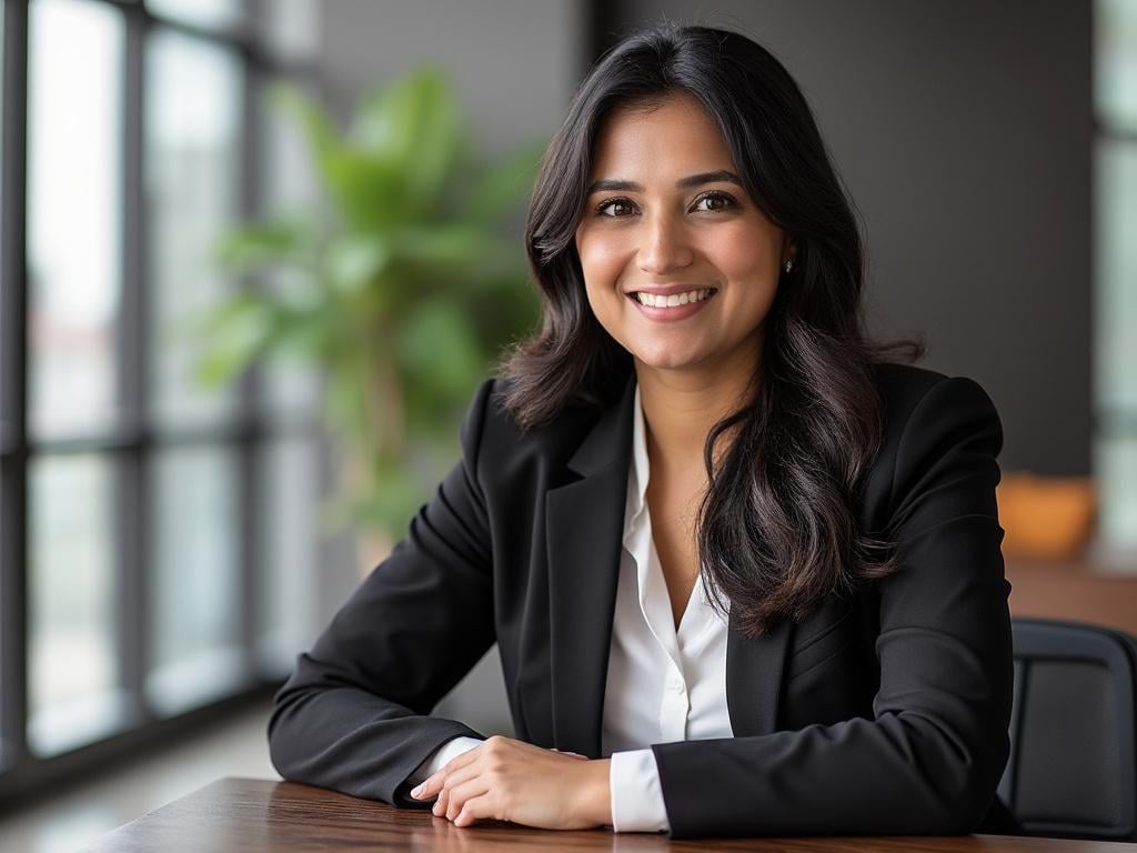 Smiling woman in black blazer sitting at office desk with large windows and potted plant in background. Smiling woman in black blazer sitting at office desk with large windows and potted plant in background.