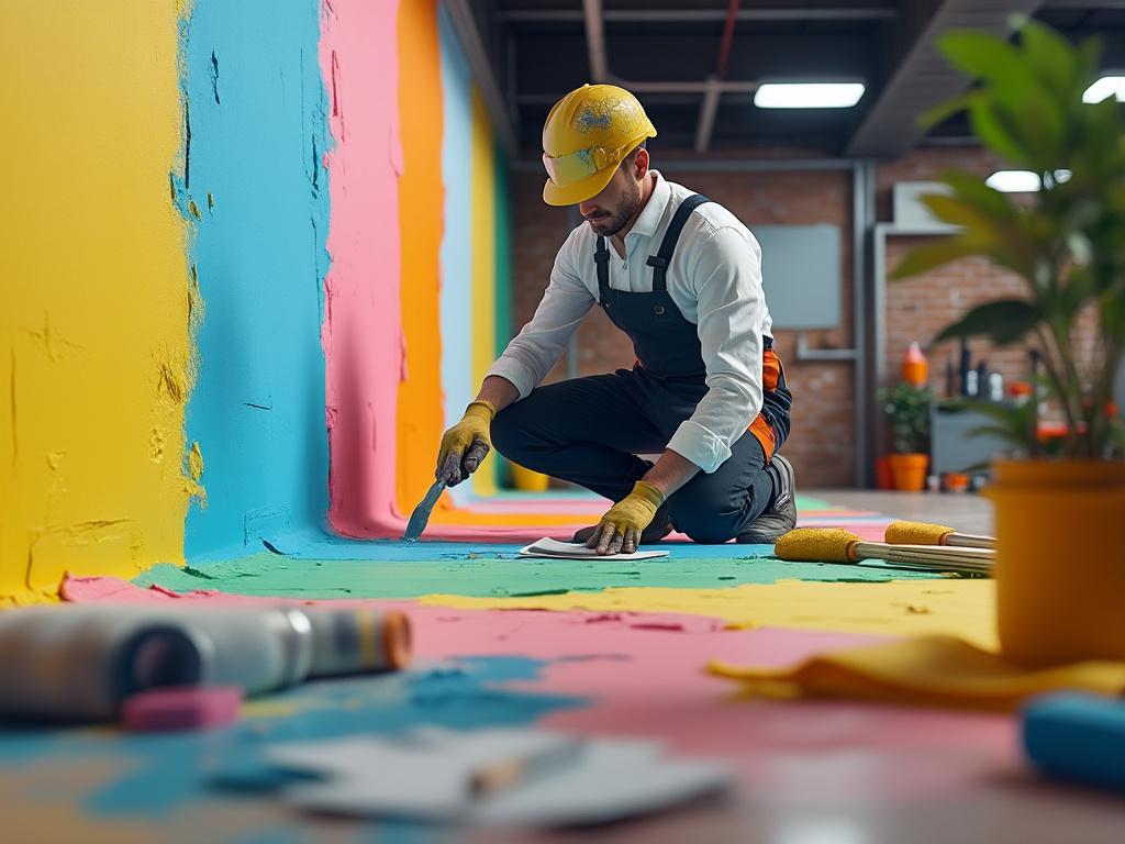 Travailleur en salopette peignant un mur à motifs colorés dans un atelier moderne.