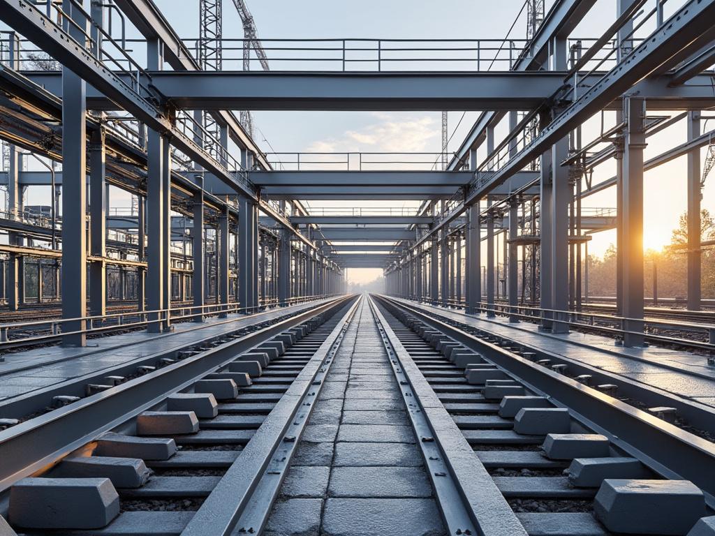 Sunlit industrial railway tracks with steel framework and overhead beams. Sunlit industrial railway tracks with steel framework and overhead beams.