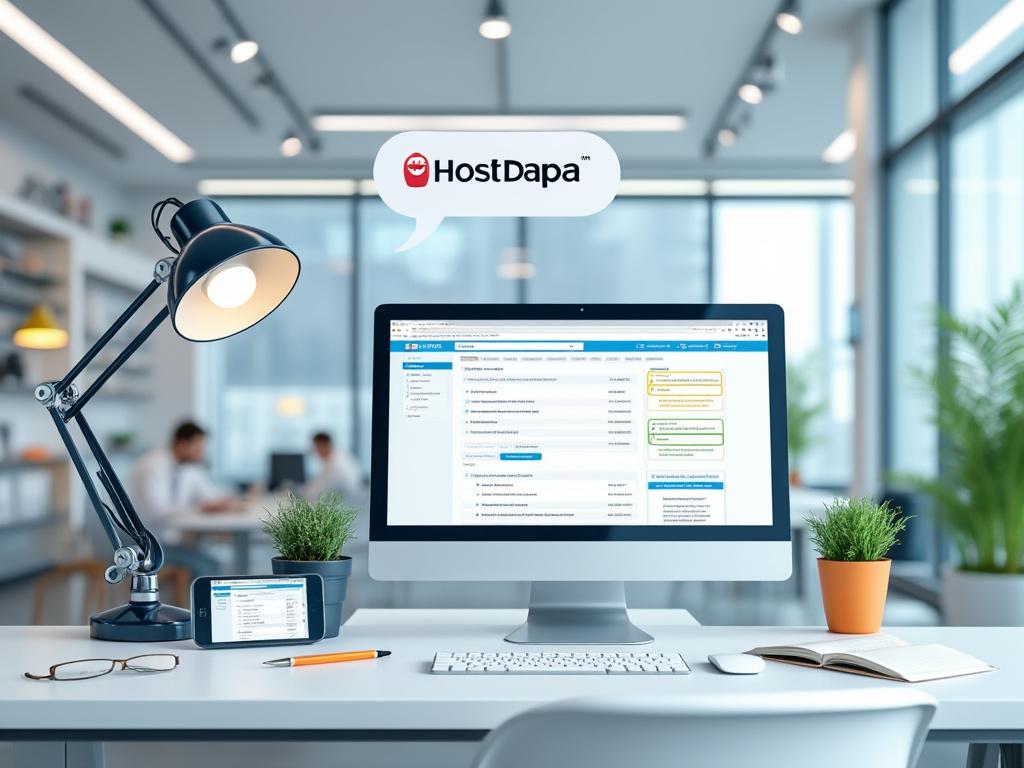 Modern office setting with computer displaying a dashboard, smartphone, desk lamp, plants, and HostDapa logo on the screen.