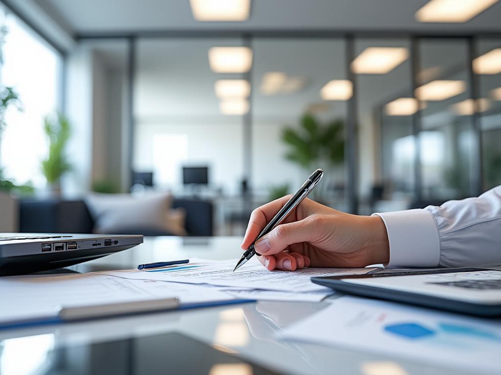 Close-up of a person writing with a pen on documents in a modern office, with a laptop and blurred background.