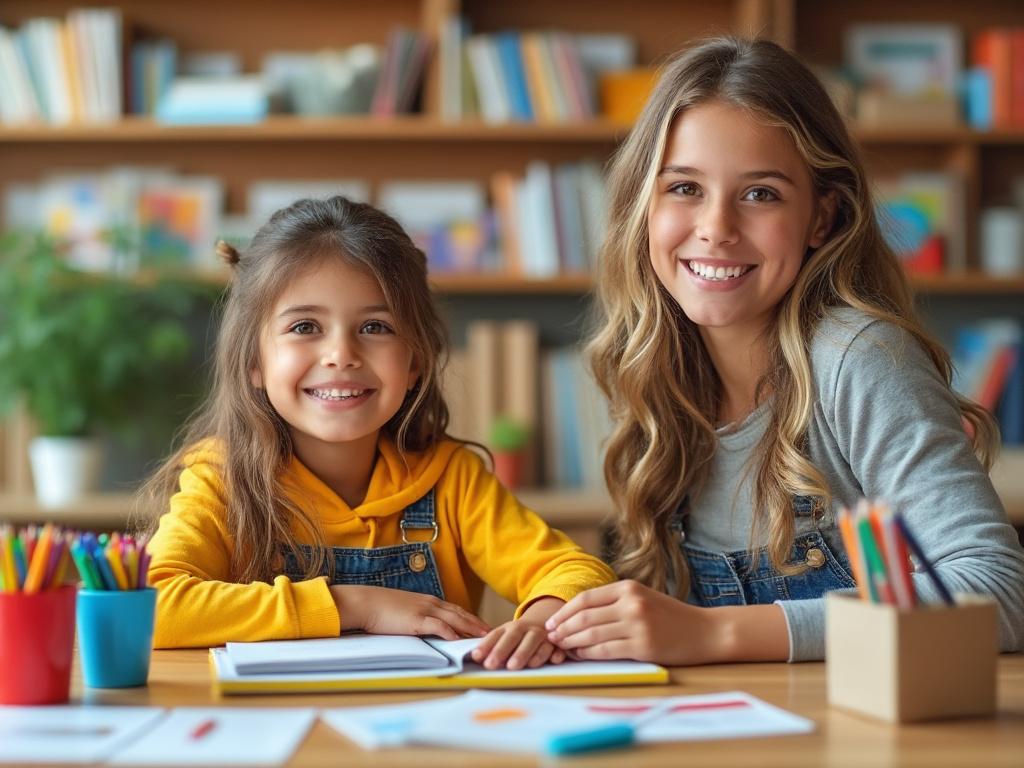 Two smiling young girls sitting at a table in a library, surrounded by colorful pencils and books.