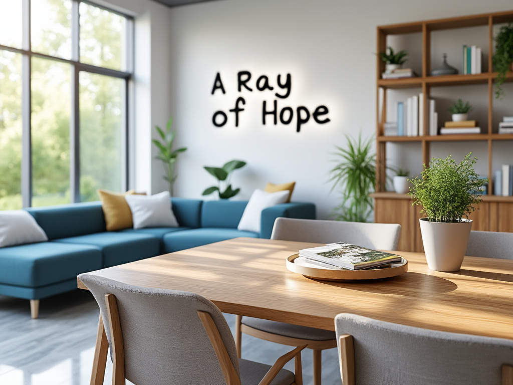Modern living room with blue sofa, wooden dining table, potted plants, bookshelf, and 'A Ray of Hope' wall art.