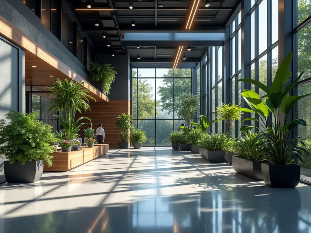 Modern atrium interior with large windows, abundant green plants, and natural light streaming in, creating a serene and inviting space.