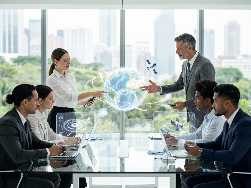 Business team in modern office discussing global satellite technology with holographic Earth and digital data displays Business team in modern office discussing global satellite technology with holographic Earth and digital data displays