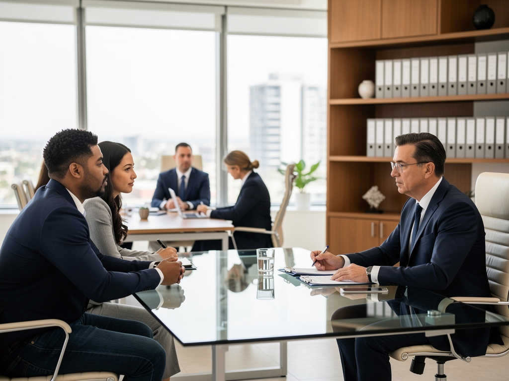 Business professionals in suits discussing documents during a meeting in a modern office conference room