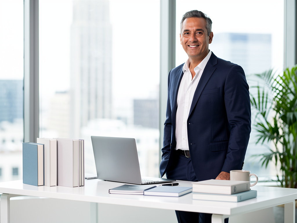Smiling businessman in navy suit standing at modern office desk with laptop, books, and city view