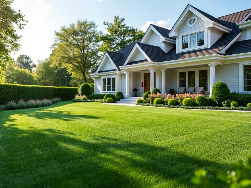 Beautiful suburban home with manicured lawn, white pillars, and symmetrical landscaping on a sunny day.