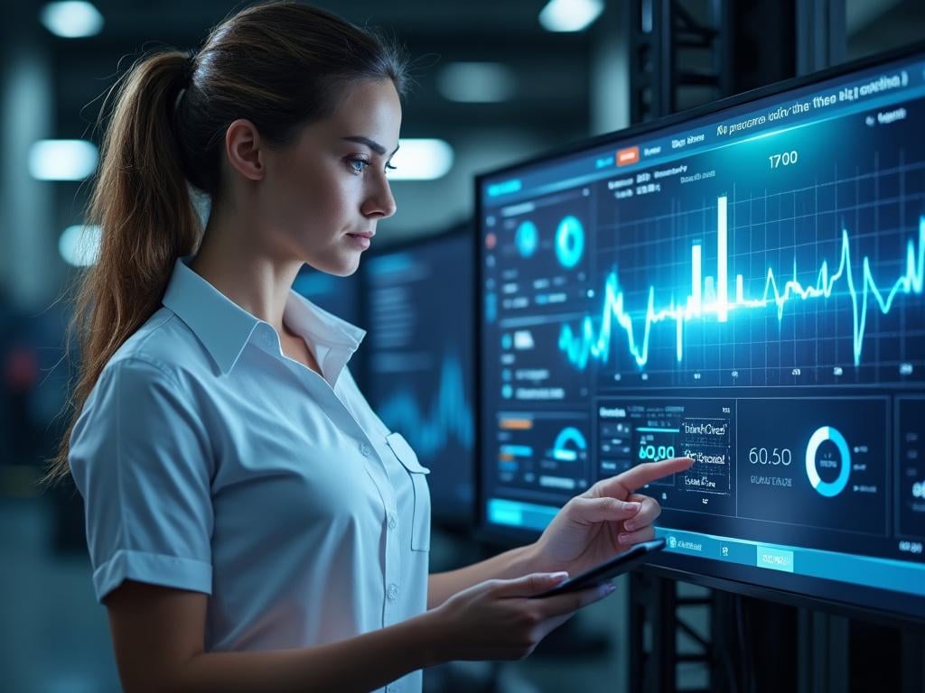 A professional man in a suit using a tablet in a modern manufacturing facility, with computer screens and industrial equipment in the background.