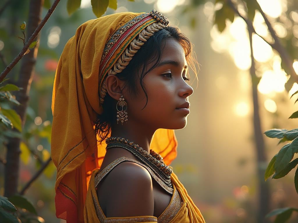 Profile of a young girl in traditional attire, wearing ornate jewelry and a yellow headscarf, against a sunlit forest backdrop.