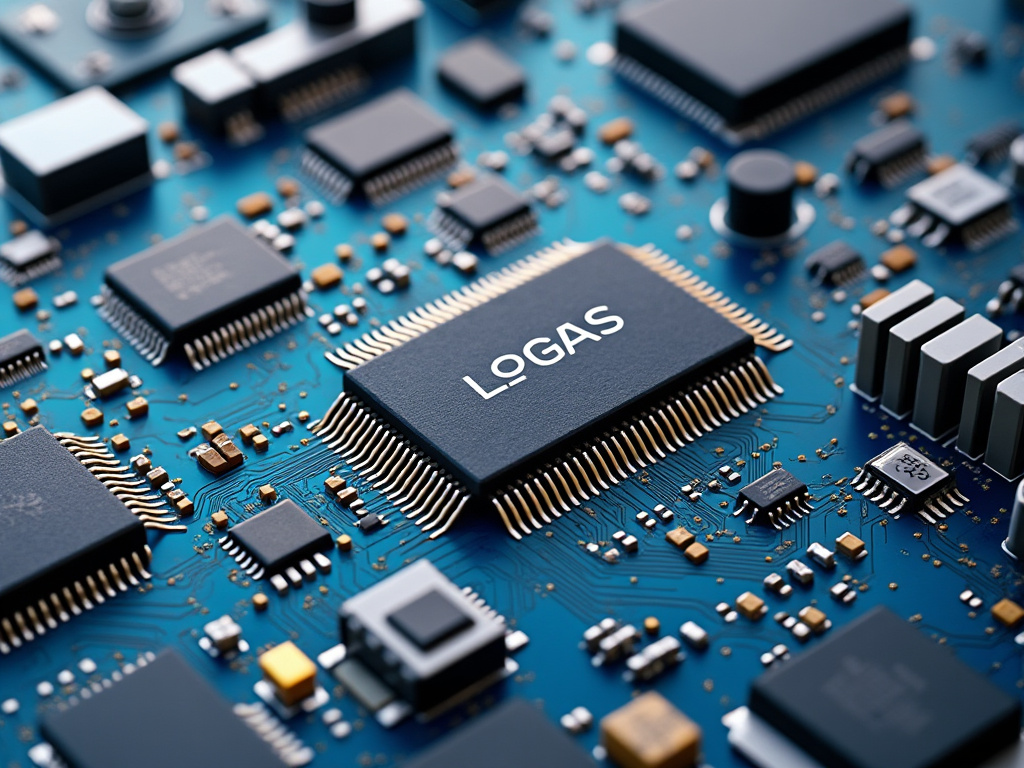 Close-up of a blue circuit board with microchips and electronic components featuring the label 'LOGAS' on a central chip.
