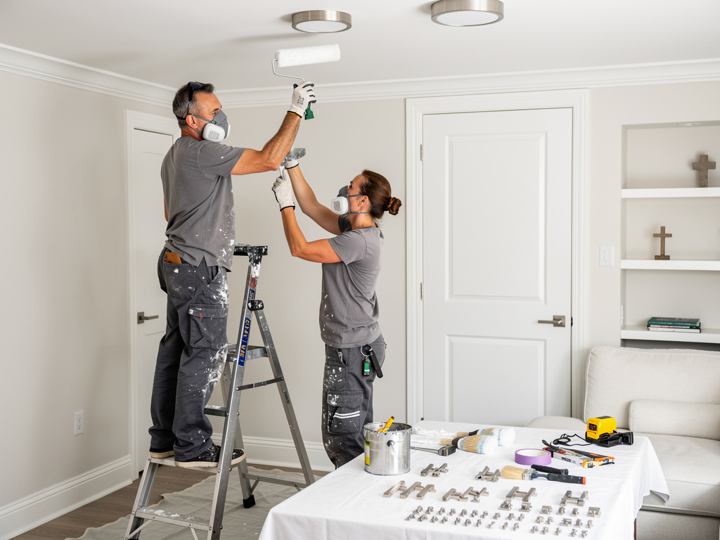 Professional painters wearing respirator masks painting a white ceiling in a living room with tools and hardware on a covered table