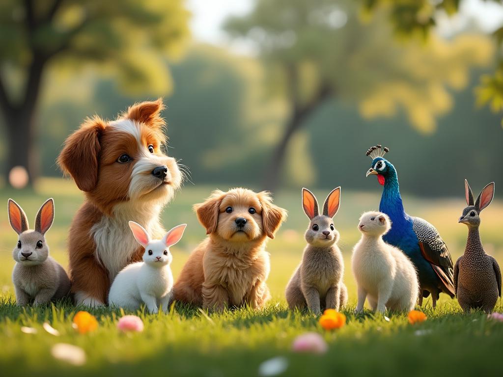 Group of animals including dogs, rabbits, a duckling, a guinea fowl, and a peacock in a sunny meadow.