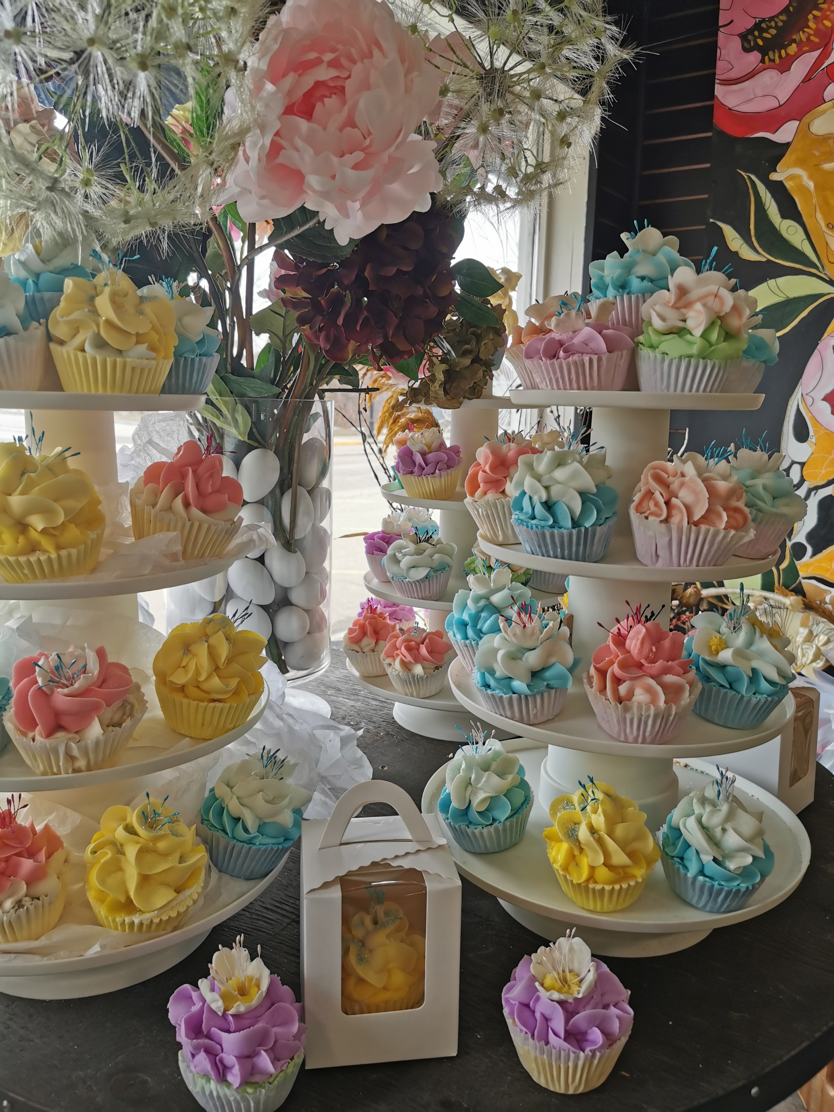 Cupcakes start at $15.00 depending on what they are adorned with.  They can be soap or bath  bomb on the bottom and icing, bubble  bath, candle or soap up top!