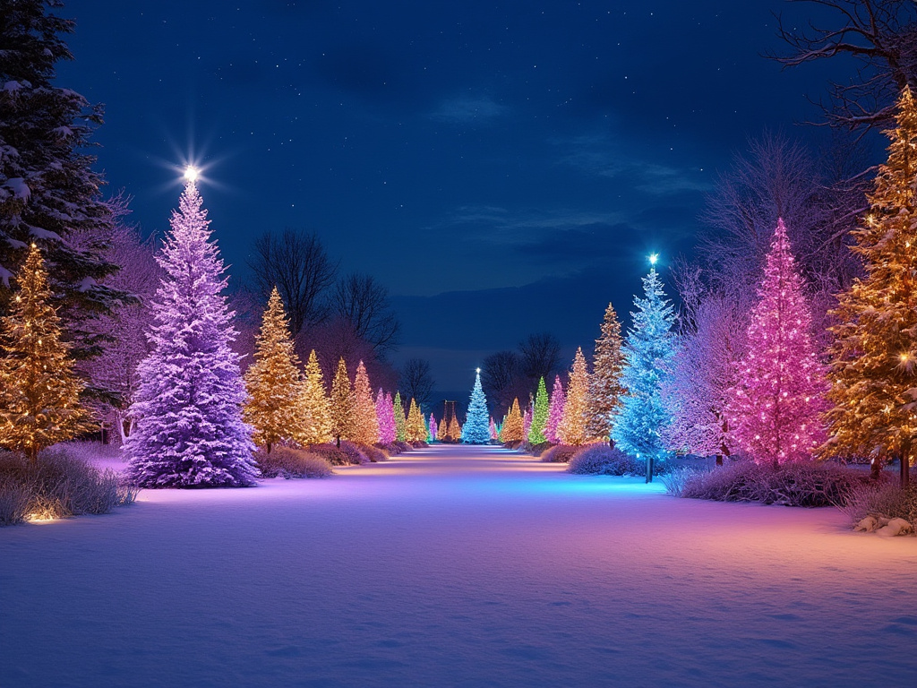 Snowy landscape with colorful illuminated Christmas trees under a starry night sky.
