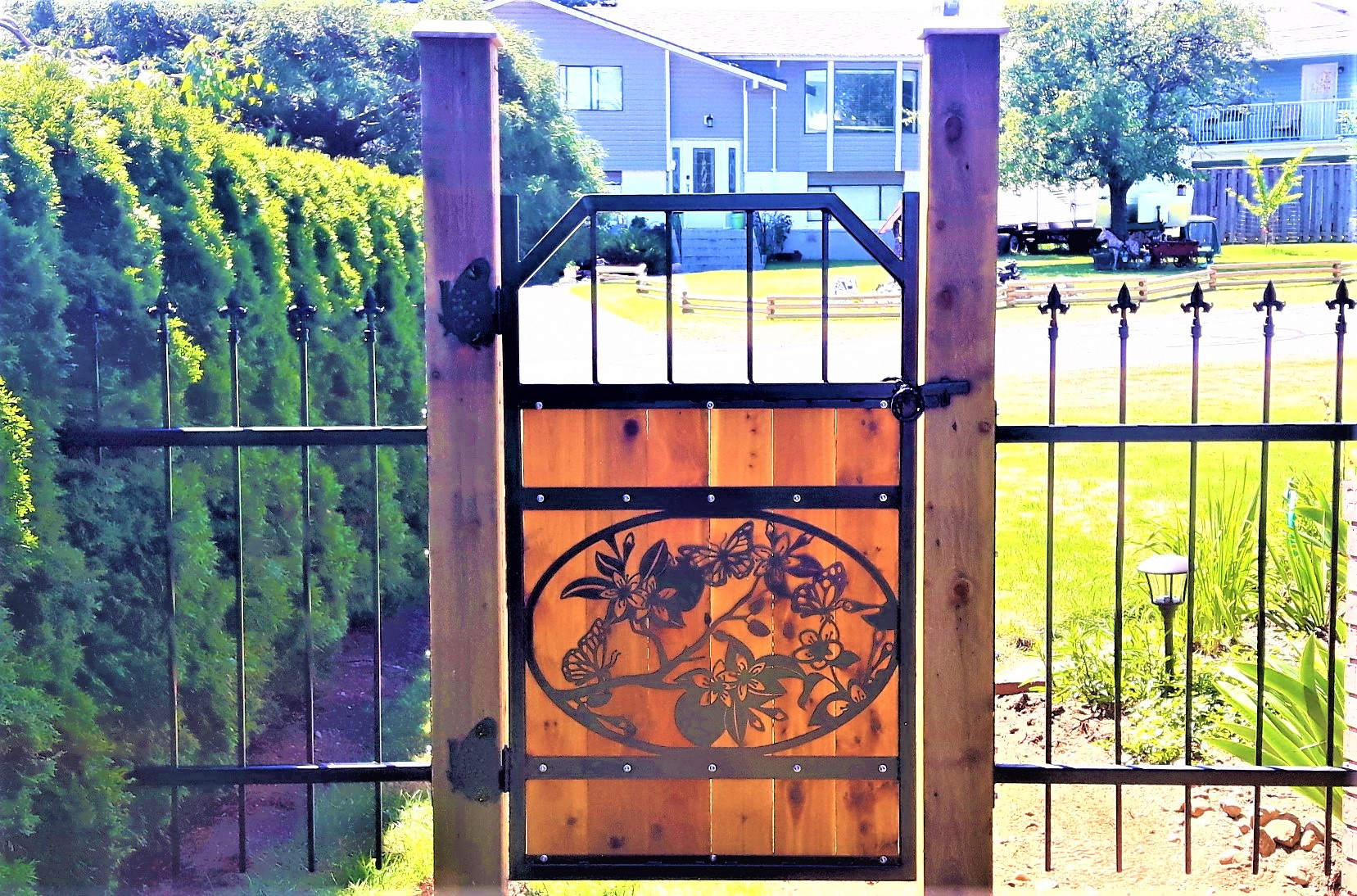 Gate, metal art driveway gate, Butterfly hinges, Campbell river BC, Vancouver island BC, Vancouver BC, Victoria BC, British Columbia,Alberta