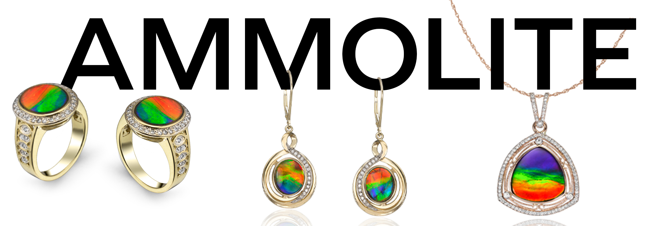 Ammolite jewelry collection with colorful gemstone rings, dangling earrings, and pendant necklace in gold settings