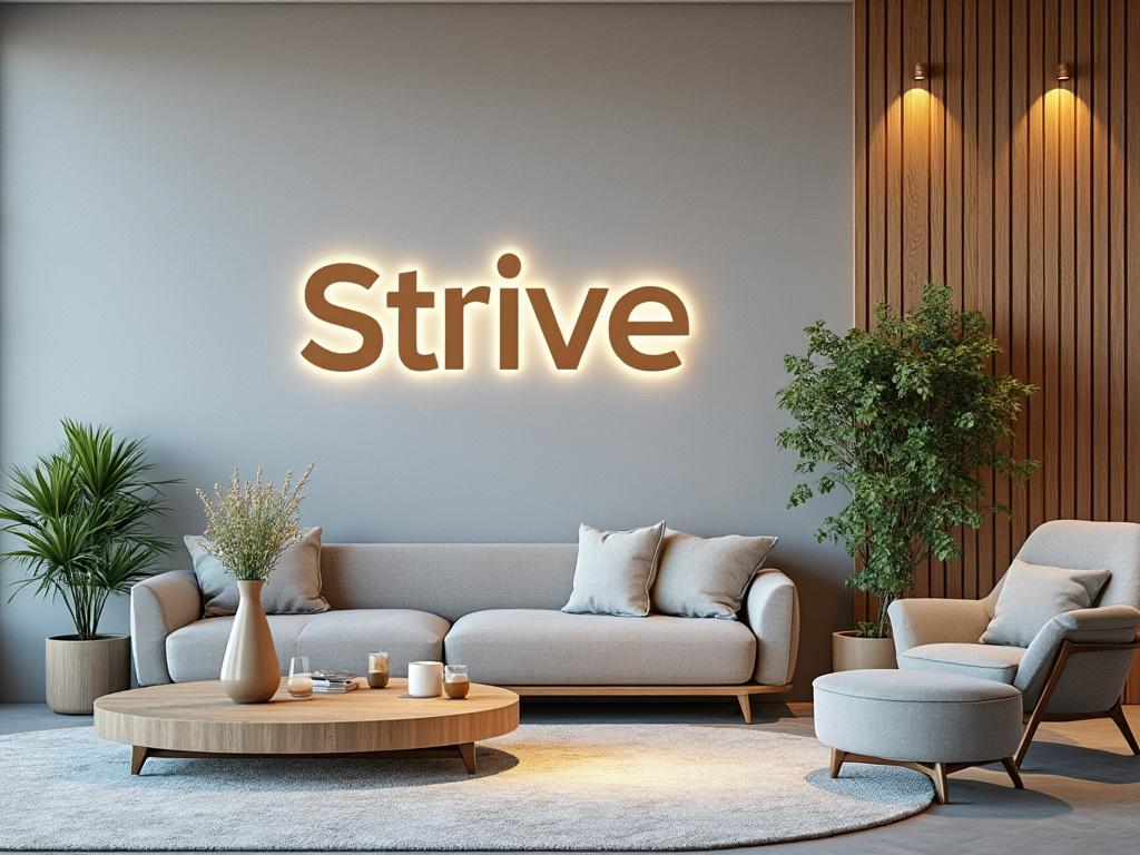 Modern living room with a gray sofa, round wooden coffee table, green plants, and wall lighting featuring the word 'Strive' in illuminated lettering.