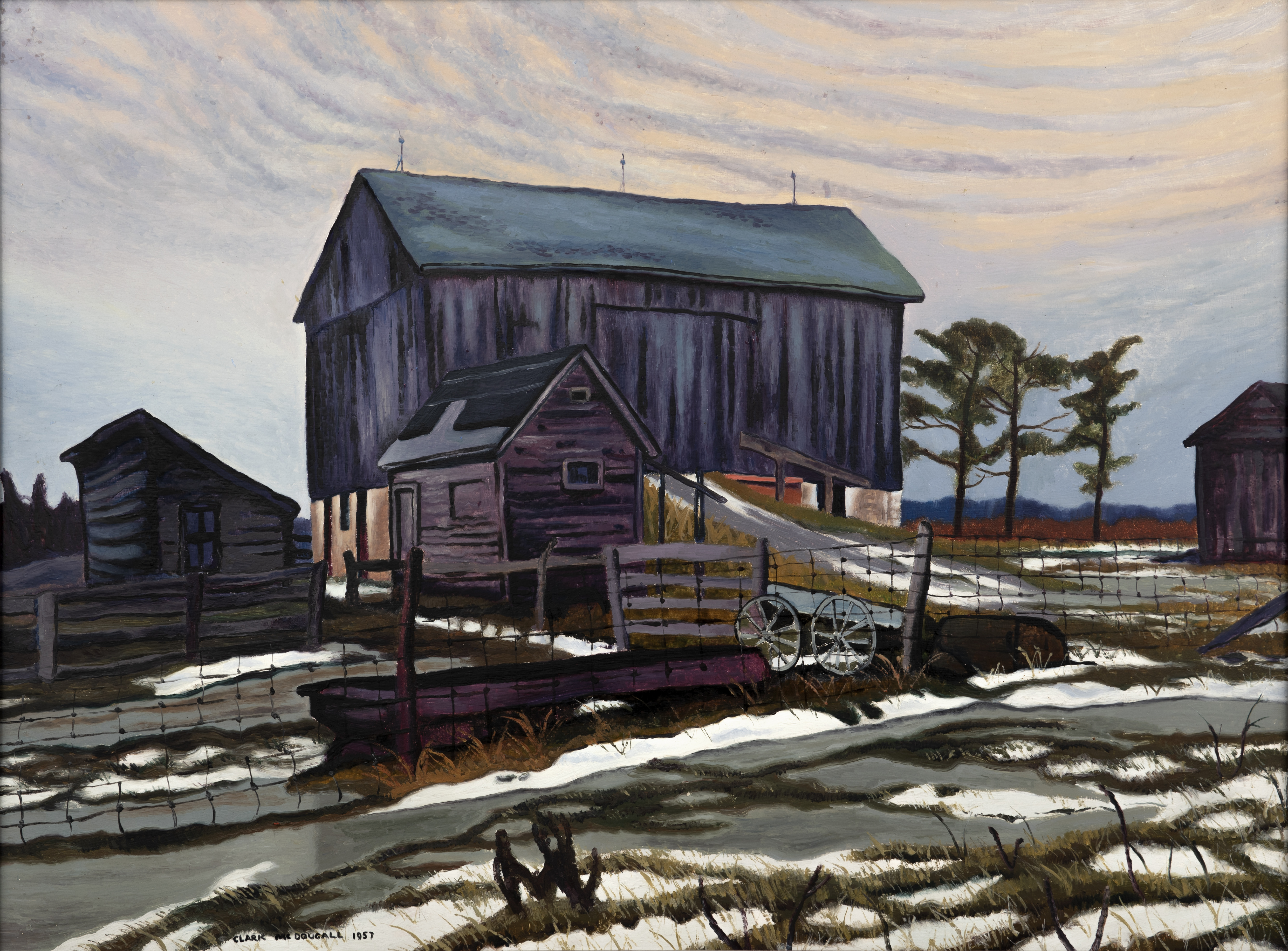 Artist: Clark McDougall,  Farm on 52, East of Radio Road, 1943, Oil on board
