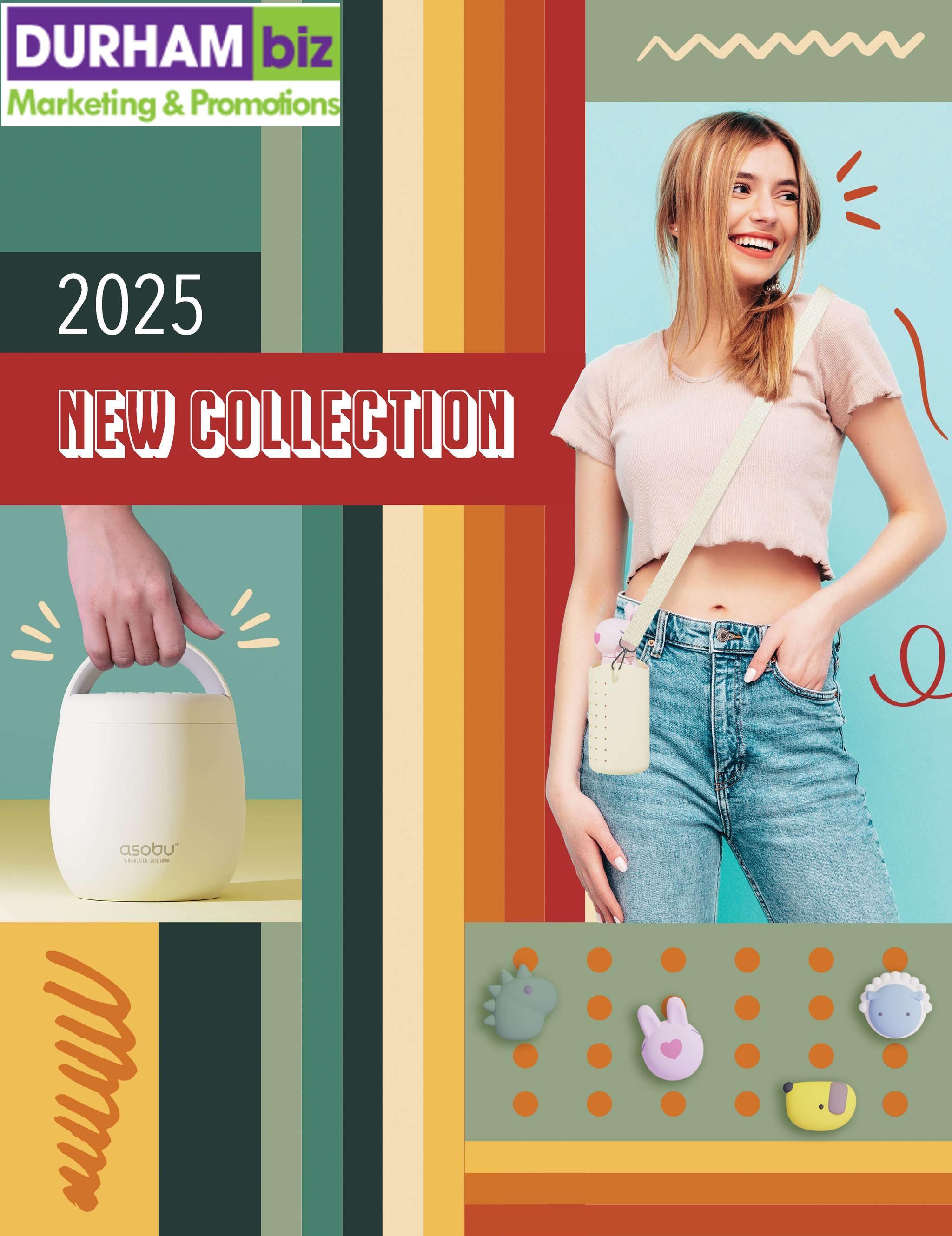 Vibrant marketing image featuring new 2025 collection by Durham Biz, showcasing a stylish woman with trendy accessories and colorful geometric background.