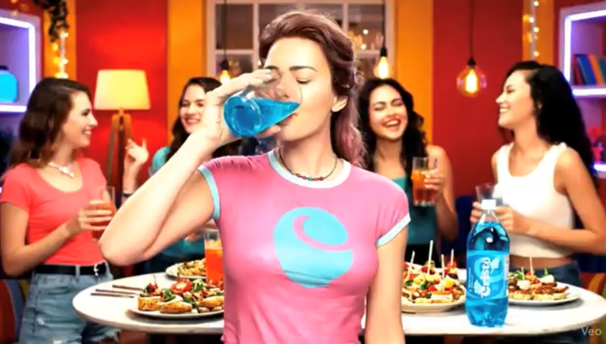 Trois bouteilles de boissons gazeuses colorées sur une table avec des fruits et légumes; arrière-plan de rayons de supermarché.